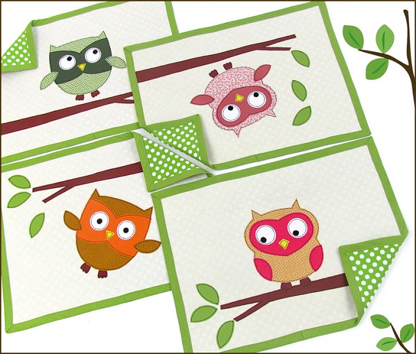 Free pattern: Playful Appliqued Owls Placemat Set