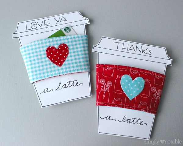 Tutorial: Heart applique coffee sleeve and a printable gift card