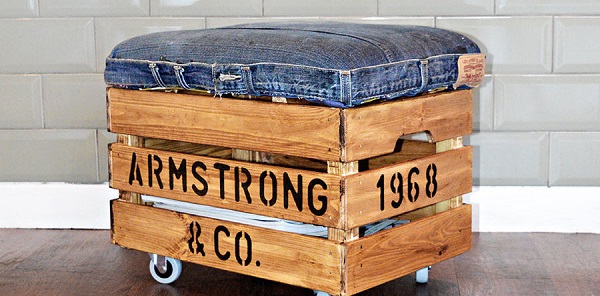 Tutorial: Wood crate ottoman with recycled jeans cushion