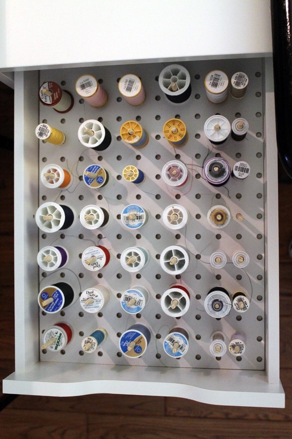 DIY pegboard thread storage in a drawer