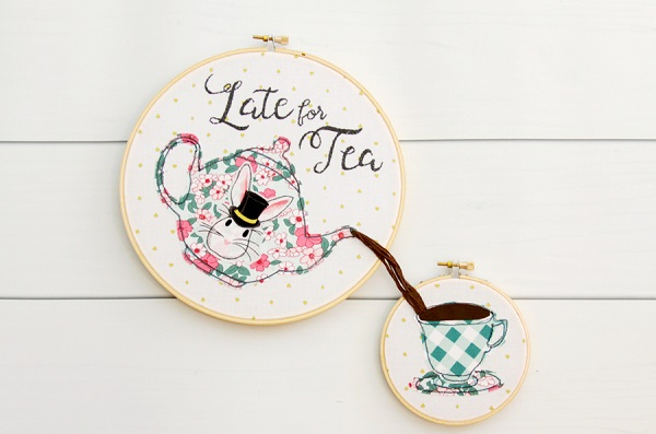 Tutorial and pattern: Late for Tea embroidery hoop art