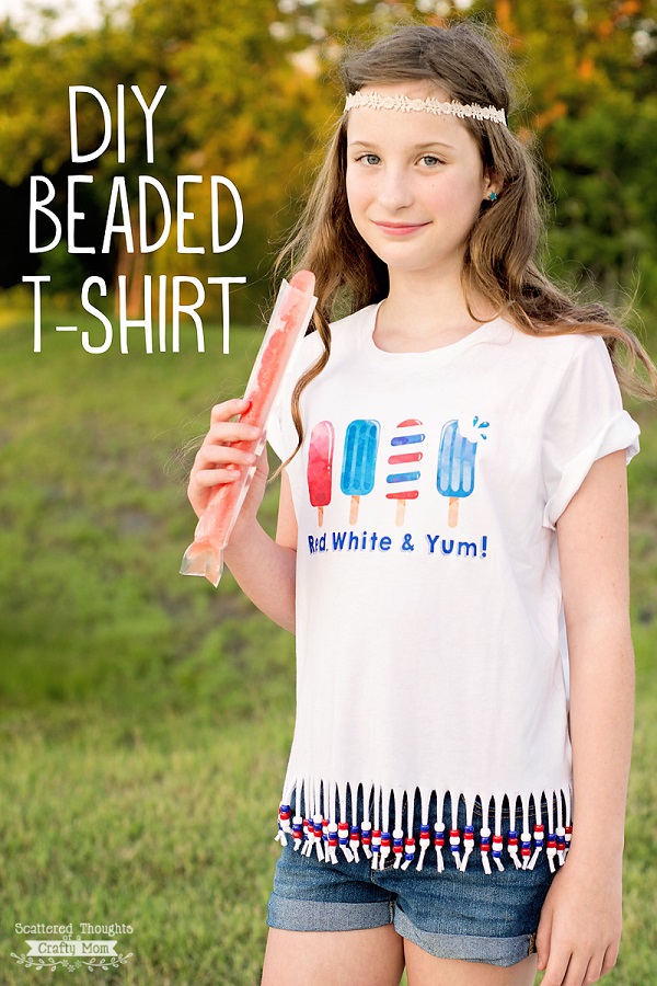 Tutorial: Beaded fringe t-shirt, plus a 4th of July printable