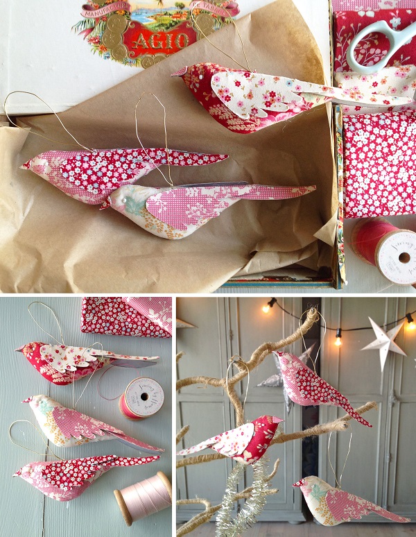 Tutorial and pattern: Fabric bird Christmas ornaments