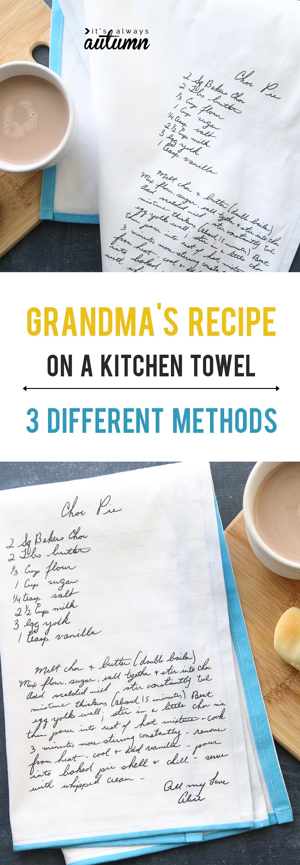 Tutorial: 3 ways to put a handwritten recipe on a tea towel