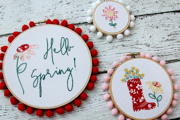 Tutorial and pattern: Spring flowers embroidery hoop art set