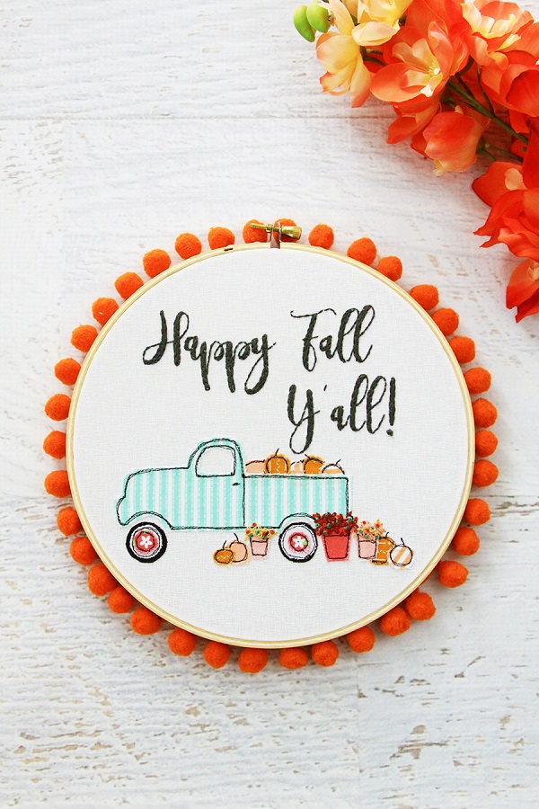 Free pattern: Pumpkin truck fall embroidery hoop art