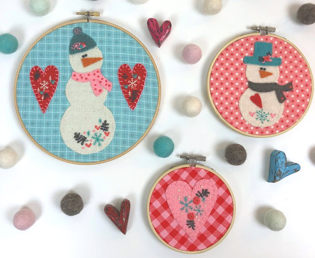 Sewing tutorial: Snowmen and hearts winter embroidery hoop art