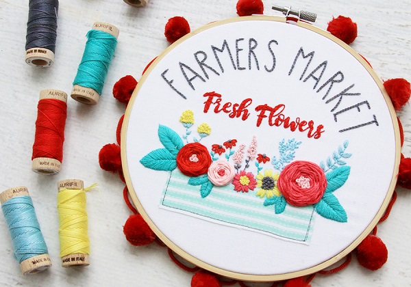 Free pattern: Farmers Market vintage flower embroidery hoop art